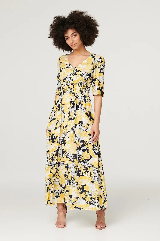 Women's Classic Black Maxi Dress-Tropical Print V-Neck Maxi Dress