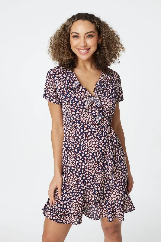 Elegant Satin Wrap Dress for Office -Wrap Dress for Casual Outing -Printed Ruffle Front Wrap Dress Elegant Satin Wrap Dress for Office -Wrap Dress for Casual Outing -Printed Ruffle Front Wrap Dress