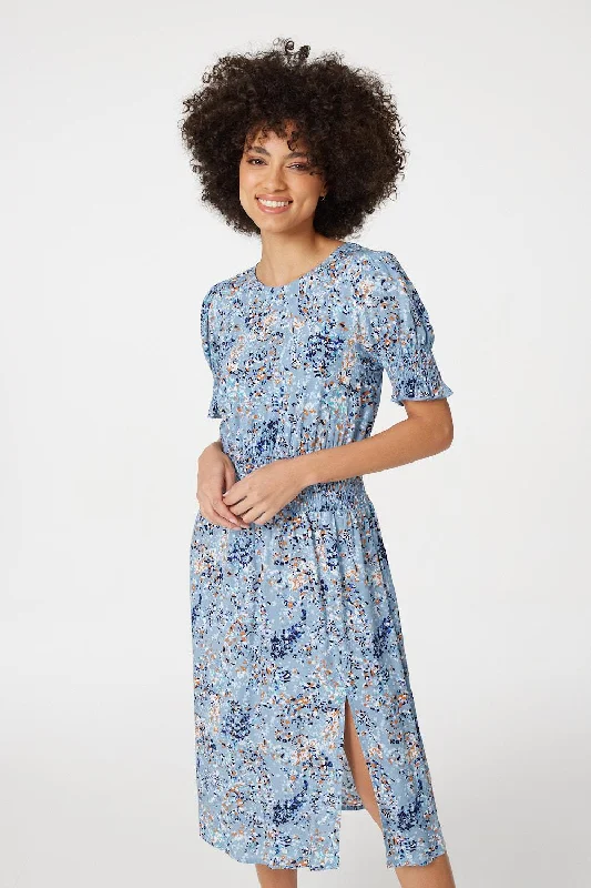 Women's High-neck Midi Dress-Floral Front Split Midi Dress