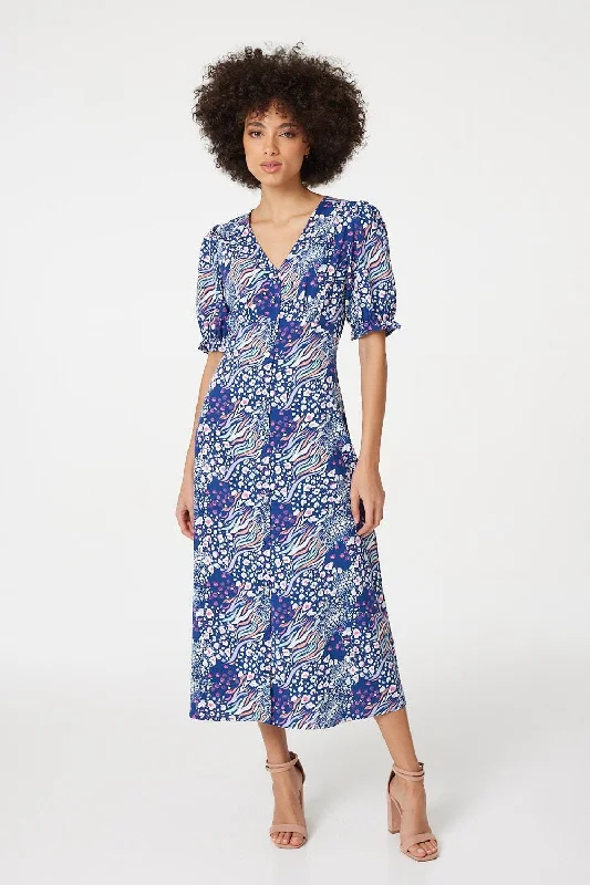 Women's Classic Wrap Midi Dress-Patchwork Print Midi Tea Dress
