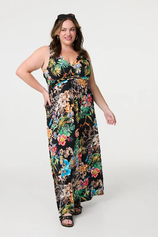 Women's Side Split Maxi Dress-Tropical Print Empire Maxi Dress