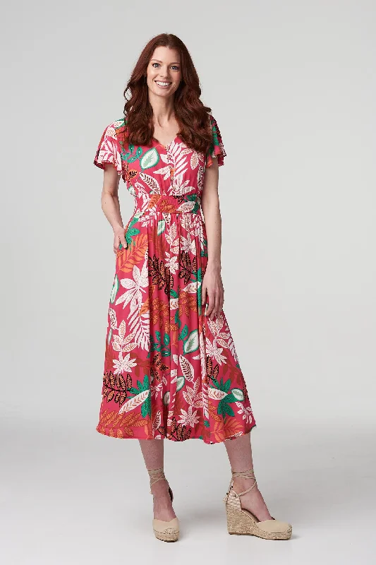 Women's Long Sleeve Boho Midi Dress-Leaf Print Midi Dress