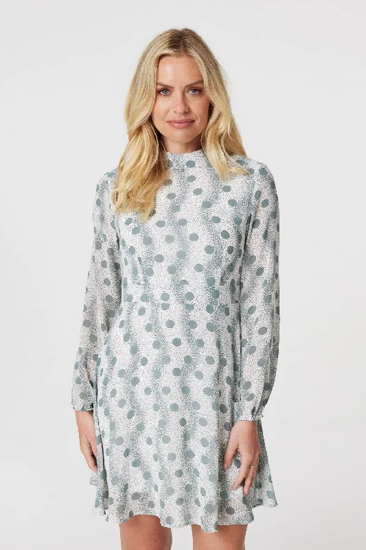 Women's Comfortable Plaid Shirt Dress-Polka Dot High Neck Short Dress