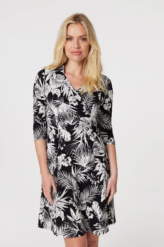 Women's Trendy Shirt Dress-Leaf Print Wrap Front Shirt Dress