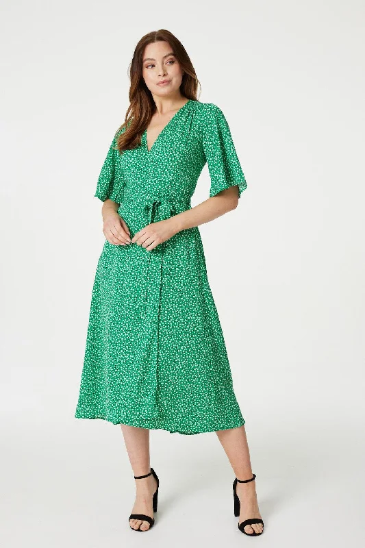 Women's Off-shoulder Puff Sleeve Midi Dress-Ditsy Floral Midi Wrap Tea Dress