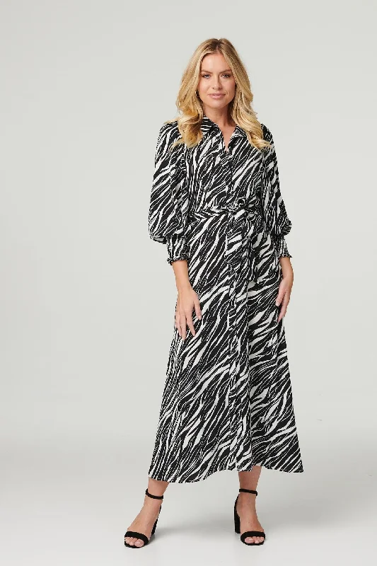 Women's Boho Chic Dress-Zebra Print Puff Sleeve Dress