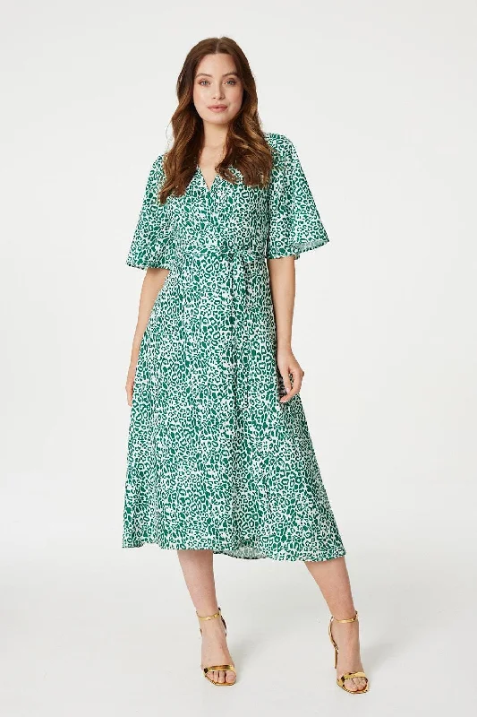Women's Spaghetti Strap Midi Dress-Leopard Print Wrap Midi Dress
