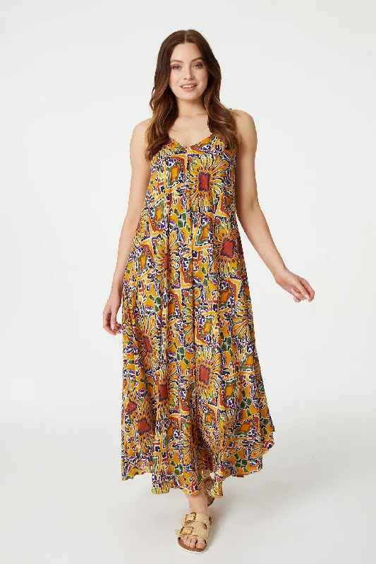 Women's Stretch Maxi Dress-Printed Tassel Detail Maxi Dress