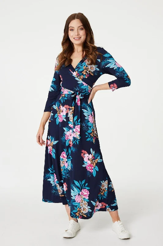 Plus-size Wrap Dress for Formal Occasions -Sleeveless Wrap Dress with A-line Skirt -Floral Tie Waist Maxi Wrap Dress Plus-size Wrap Dress for Formal Occasions -Sleeveless Wrap Dress with A-line Skirt -Floral Tie Waist Maxi Wrap Dress
