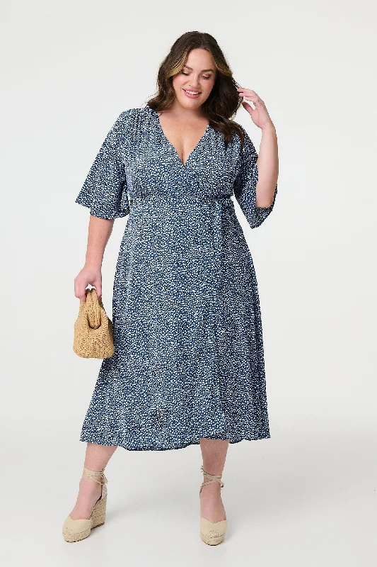 Women's Summer Silk Midi Dress-Printed Tie Waist Wrap Midi Dress