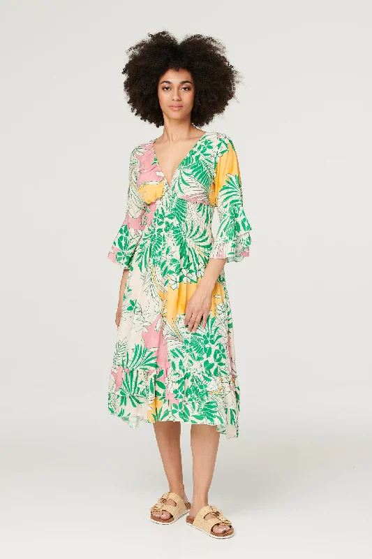 Women's Lace Trimmed Midi Dress-Floral Flare Sleeve Midi Dress