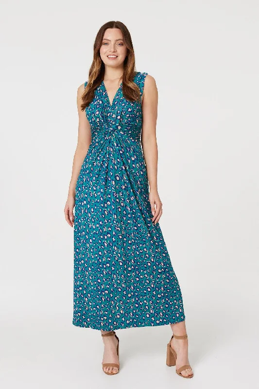 Women's Lace-trimmed Maxi Dress-Printed Gathered Front Maxi Dress
