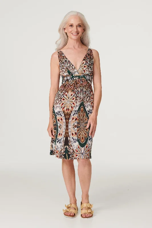 Women's Wrap-around Midi Dress-Peacock Print Empire Dress