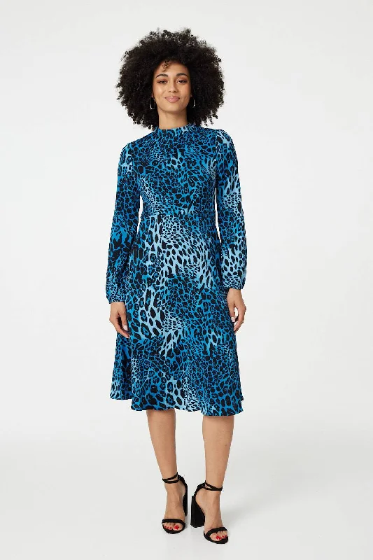 Women's Off-the-shoulder A-line Midi Dress-Leopard Print Long Sleeve Midi Dress