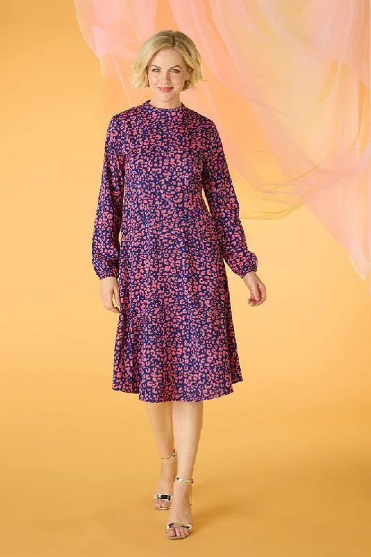 Women's Deep V Dress-Leopard Print High Neck Tea Dress