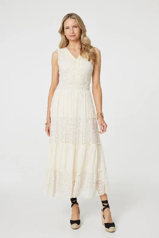 Women's Wraparound Maxi Dress-Lace Detail Sleeveless Tiered Maxi Dress