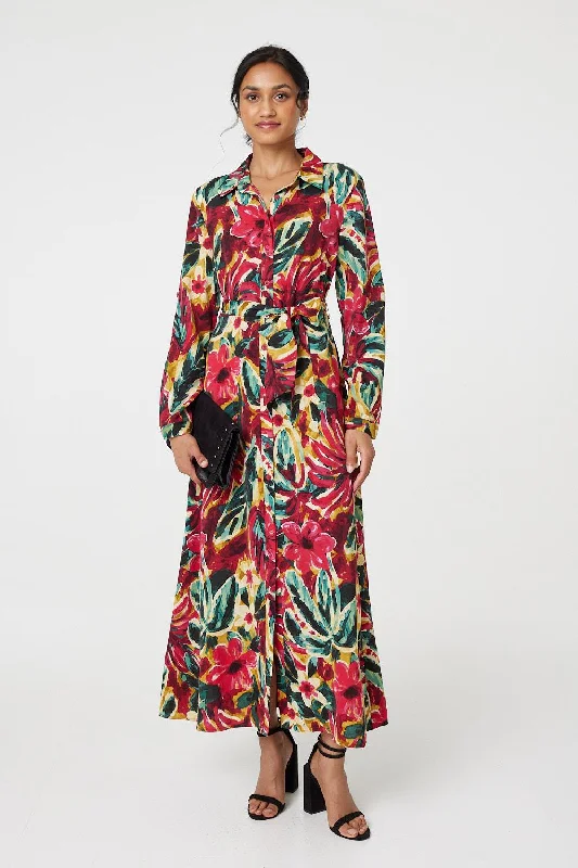 Comfortable V-neck Shirt Dress-Printed Button Front Shirt Dress