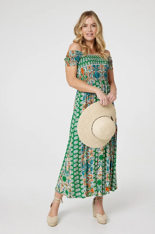 Women's Midi Maxi Dress-Printed Bardot Smocked Maxi Dress