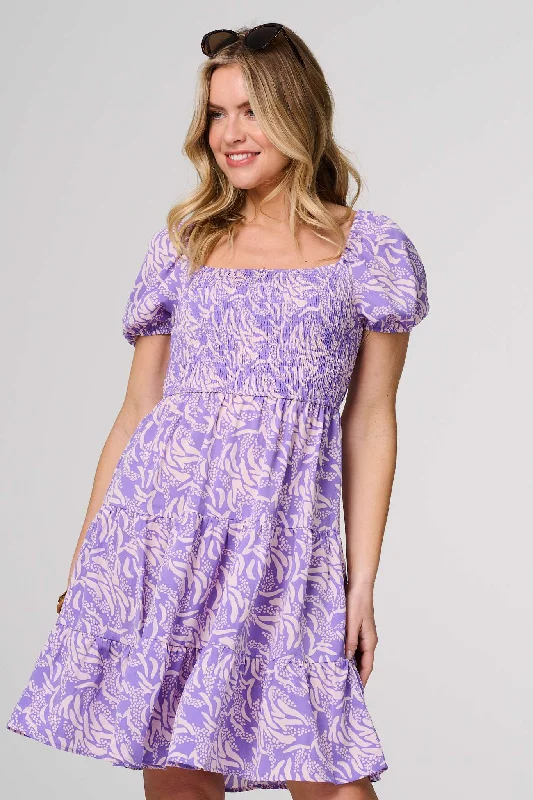 Women's Off-Shoulder Knit Dress-Printed Short Bardot Smock Dress