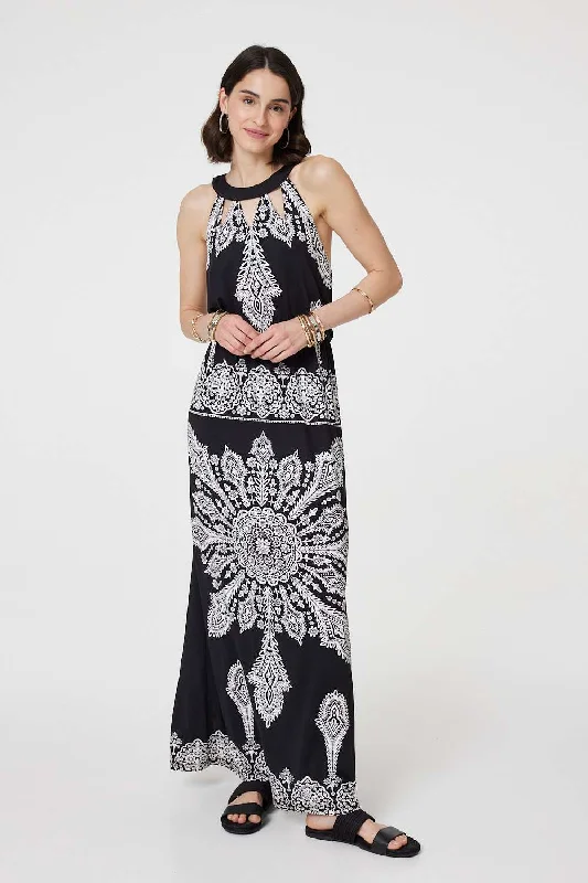 Women's Classic Pencil Dress-Mosaic Print Halter Neck Long Dress