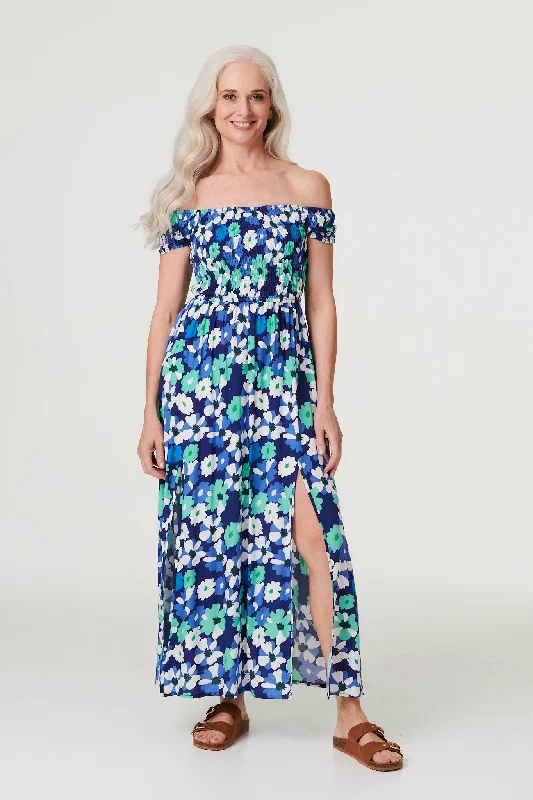Women's Strapless Maxi Dress-Floral Bardot Split Hem Maxi Dress