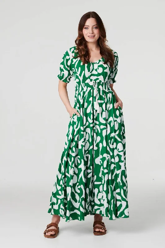 Women's Fitted Maxi Dress-Printed Puff Sleeve Maxi Dress