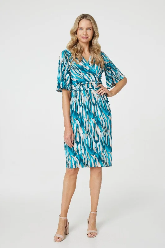 Comfortable Wrap Dress for Relaxed Days -Women's Wrap Dress with Ribbon Tie -Printed 1/2 Angel Sleeve Faux Wrap Dress Comfortable Wrap Dress for Relaxed Days -Women's Wrap Dress with Ribbon Tie -Printed 1/2 Angel Sleeve Faux Wrap Dress