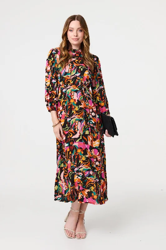 Women's Solid Color V-neck Midi Dress-Printed High Neck Long Sleeve Midi Dress