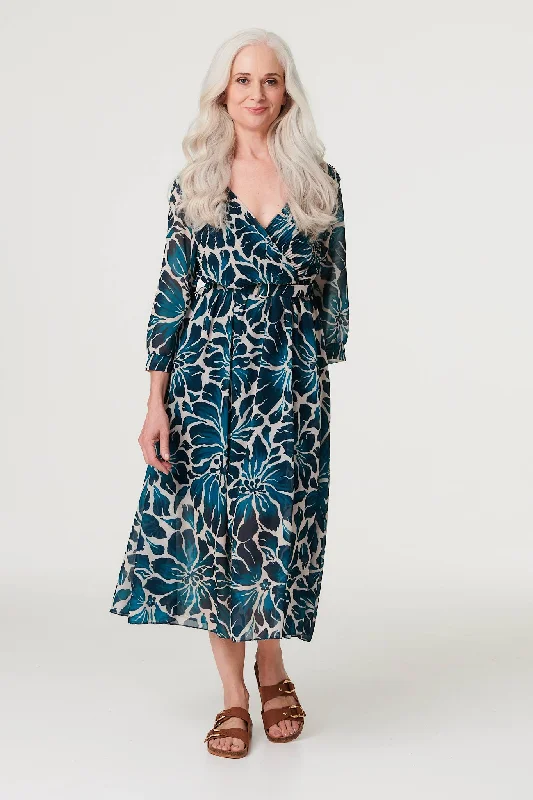 Women's Off-the-shoulder Ruffle Midi Dress-Floral Semi Sheer V-Neck Midi Dress