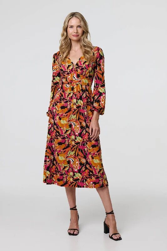 Women's Modern Cut Midi Dress-Tropical Floral Print Long Sleeve Midi Dress