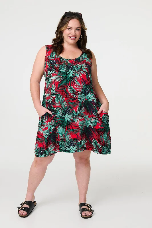 Women's Two-tone Dress-Leaf Print Sleeveless Tunic Dress