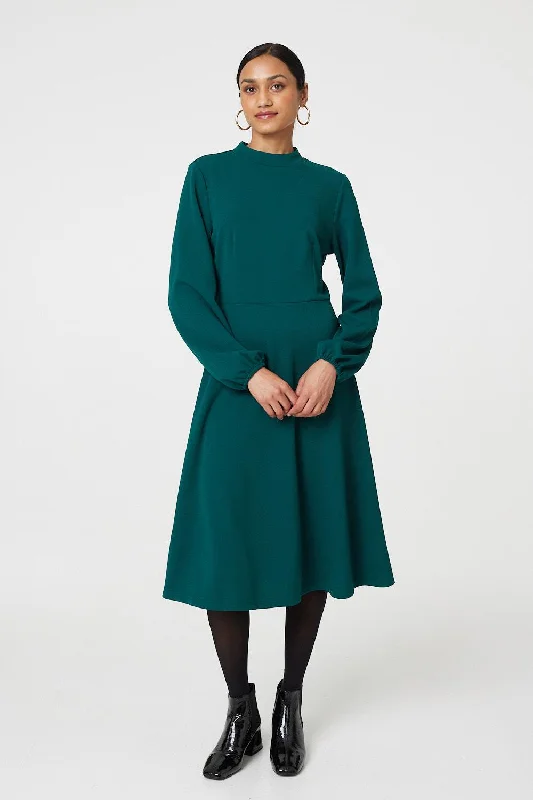 Women's Off-shoulder Bodycon Midi Dress-High Neck Long Sleeve A-Line Midi Dress