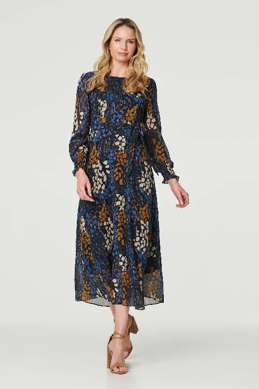 Women's Stylish Midi Dress with Pockets-Printed Long Puff Sleeve Midi Dress