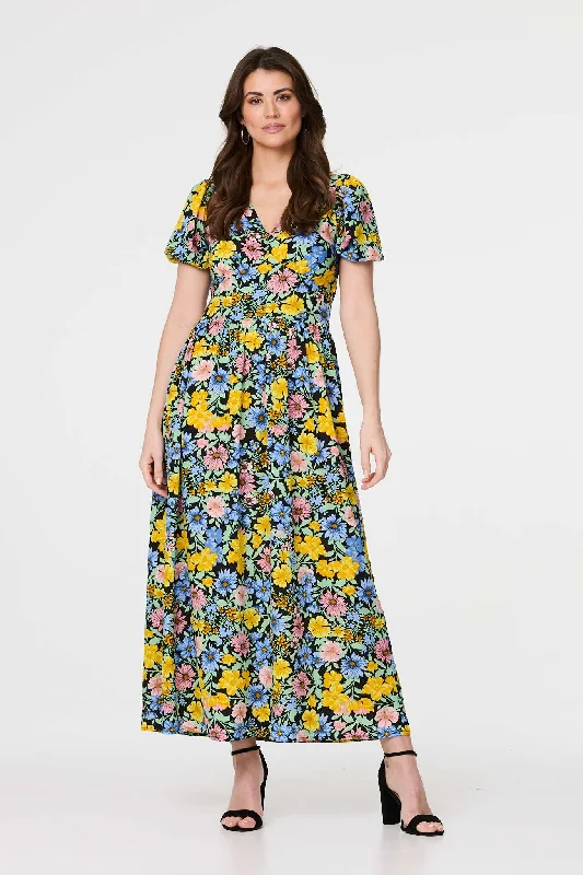 Women's Pleated Maxi Dress-Floral Puff Sleeve Cut Out Maxi Dress