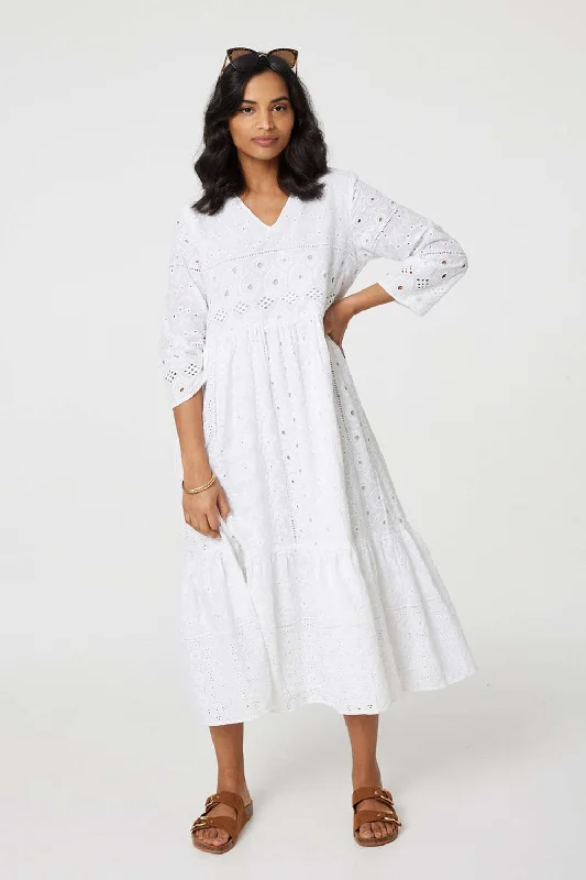 Women's Open Back Bodycon Midi Dress-Broderie Anglaise 3/4 Sleeve Midi Dress