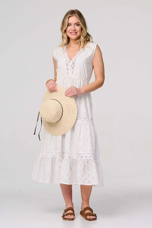 Women's Pleated Sleeveless Dress-Broderie Anglaise Tiered Dress