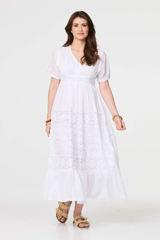 Women's Denim Shift Dress-Broderie Anglaise Short Sleeve Dress