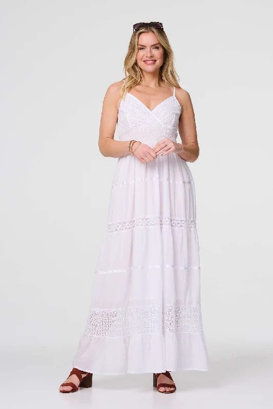 Women's Empire Waist Maxi Dress-Broderie Anglaise Cami Maxi Dress