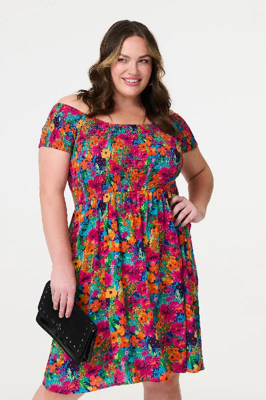 Women's Floral Lace Dress-Floral Knee Length Bardot Dress