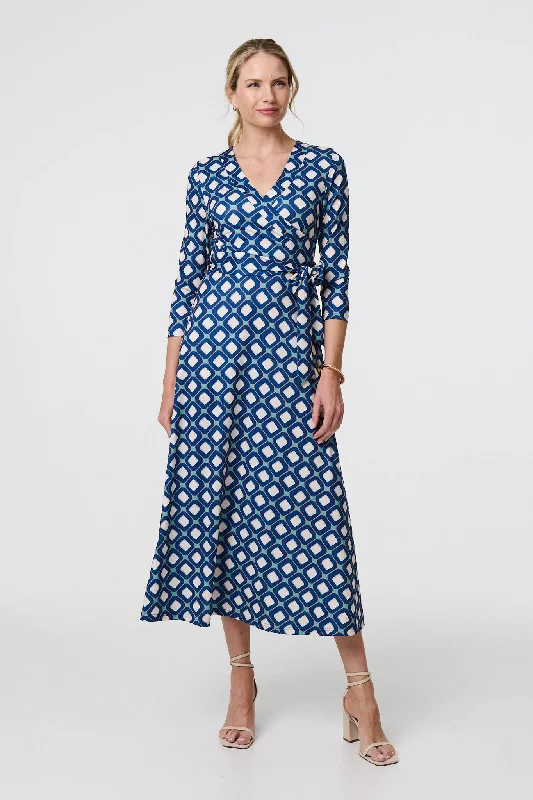 Flowy Wrap Dress for Evening Event -Wrap Dress for Day Event -Geo Print 3/4 Sleeve Midi Wrap Dress Flowy Wrap Dress for Evening Event -Wrap Dress for Day Event -Geo Print 3/4 Sleeve Midi Wrap Dress