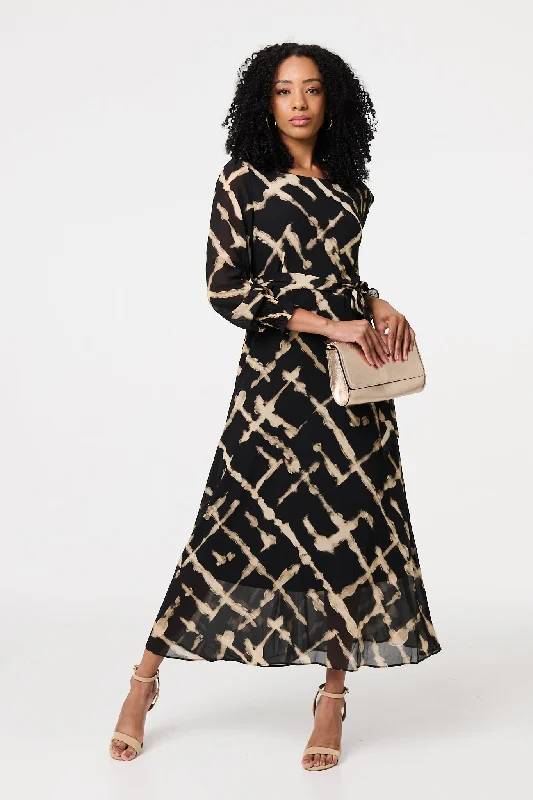 Women's Halter Neck Maxi Dress-Printed Long Sleeve Tie Waist Maxi Dress