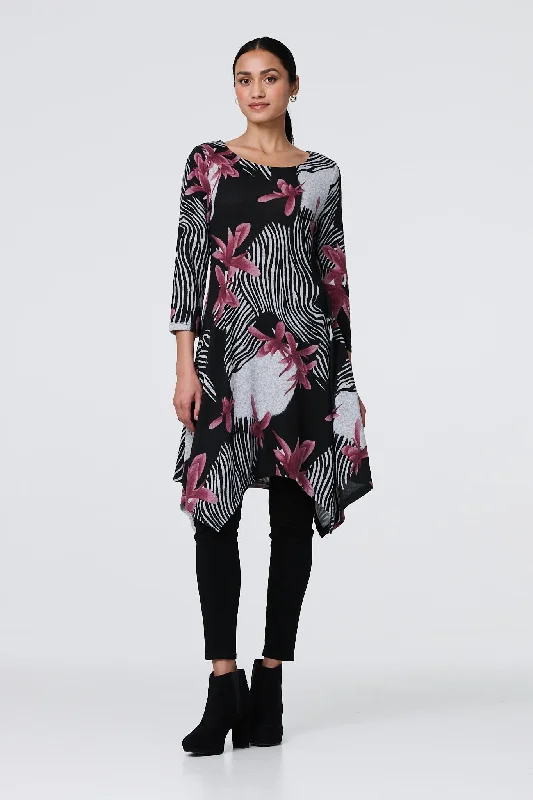 Women's Ribbed Dress-Abstract Print Hanky Hem Knee Length Dress