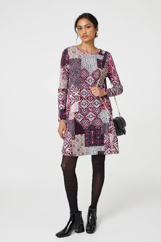 Women's Vintage-style Dress-Patchwork Long Sleeve Short Swing Dress