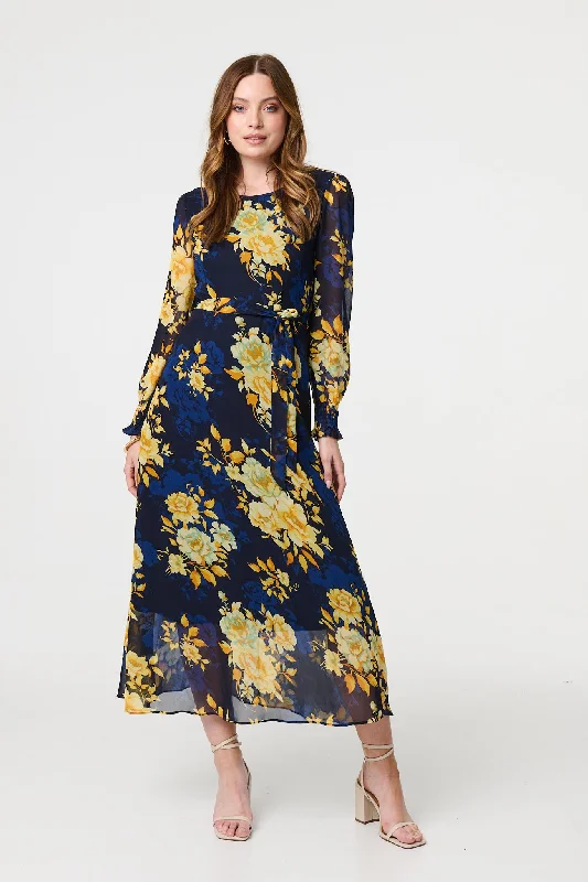 Women's Pleated Skirt Midi Dress-Floral Long Sleeve Chiffon Midi Dress