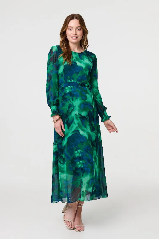 Women's Floral Print Midi Dress with Ruffles-Printed Long Sleeve Chiffon Midi Dress