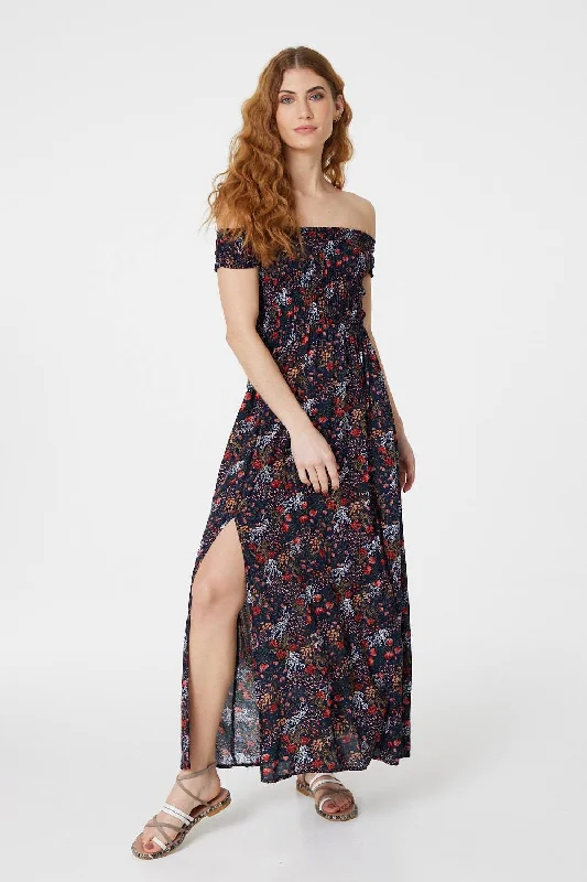 Women's Lace-up Maxi Dress-Floral Bardot Maxi Dress