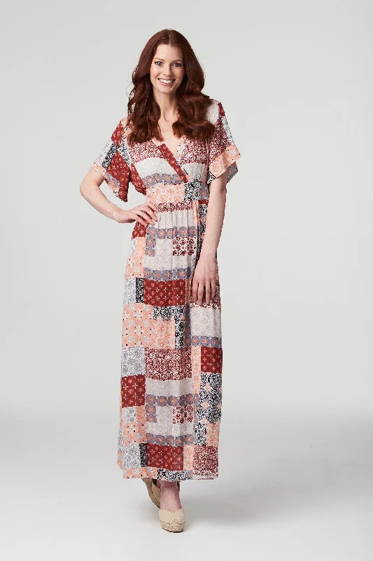 Women's High-neck Maxi Dress-Patchwork Side Split Maxi Dress