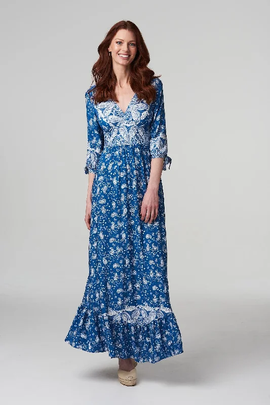 Women's Boho V-neck Maxi Dress-Paisley Print Summer Maxi Dress