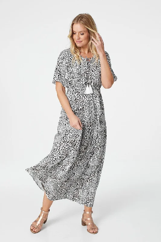 Women's Backless Maxi Dress-Animal Print Tie Front Maxi Dress