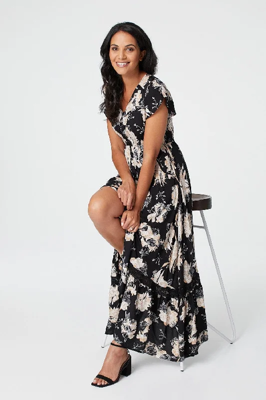 Women's Floral V-neck Maxi Dress-Floral Short Sleeve Tiered Maxi Dress